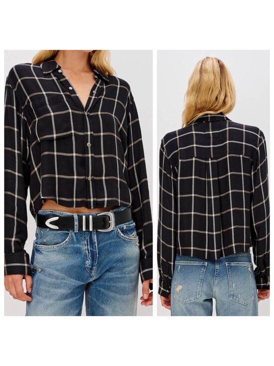 Rails Tops - Rails Malin Button Up Shirt Snap Onyx Sand Birch Plaid Black Beige Size XS